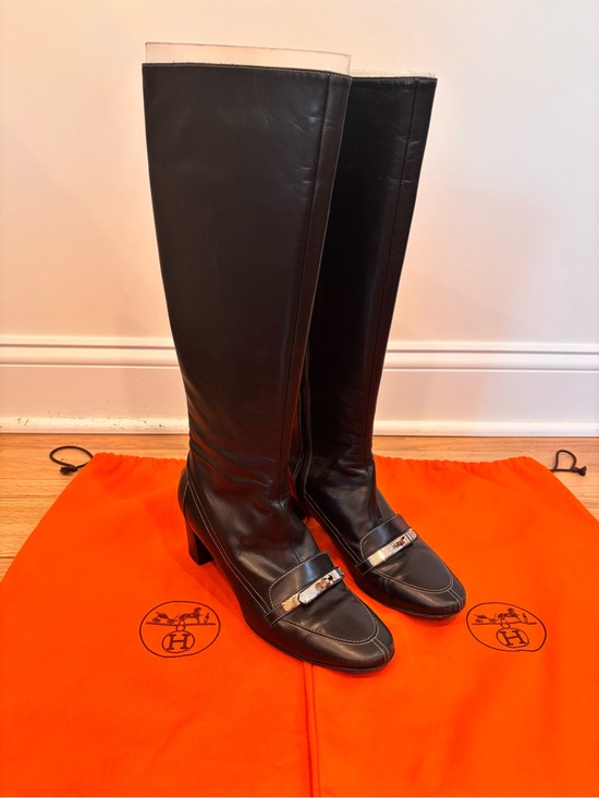 Hermes Shoes - Hermes black leather tall boots with silver colored buckle detail size EU 39